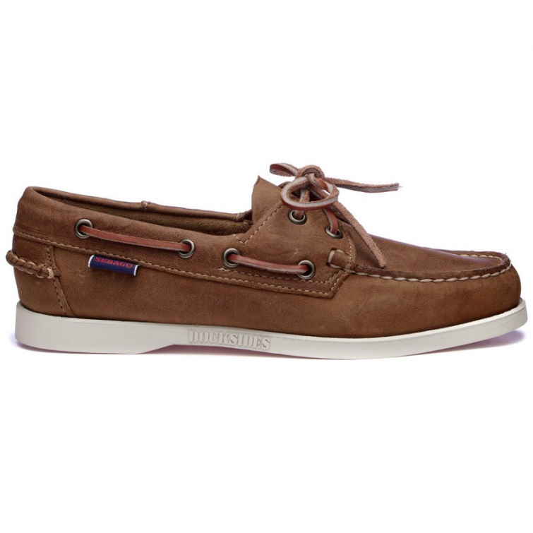 Sebago Belgique Chaussure Bateau Cuir Portland Dockside Marron Beige